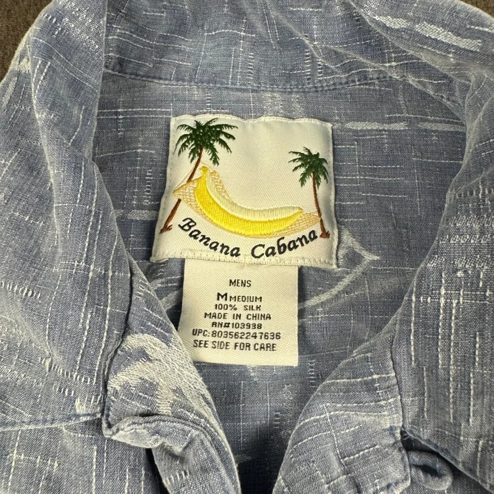 Banana Cabana Mens Blue Silk Palm Tree Print Short Sleeve Button Up Shirt Medium